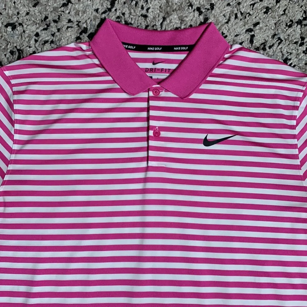 Nike Pink and White Striped Polo Shirt